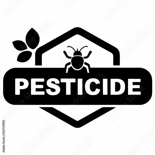 Hexagonal pesticide warning with beetle illustration and bold typography. Decorative leaf elements create balanced design. Concept of pest control, agricultural safety, chemical products.