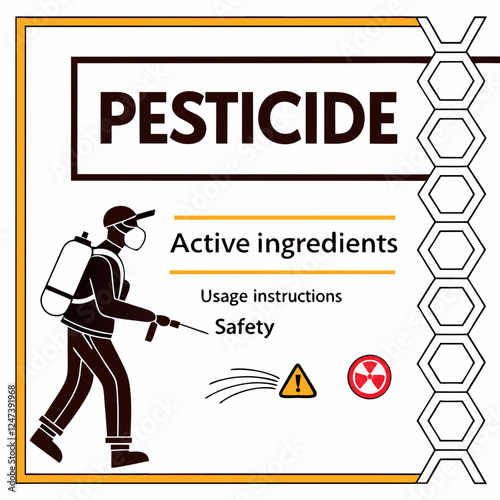 Pesticide safety graphic with hazard & radiation symbols. Caution needed! Concept of: agriculture, safety, environment.