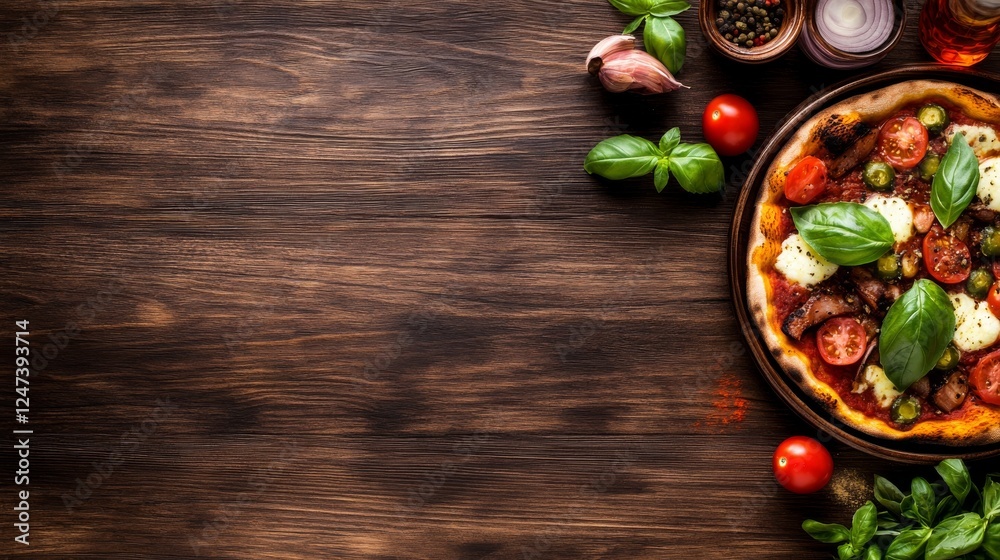 Close-up of a delicious grilled tomato and basil pizza adorned with melted mozzarella and fresh basil, creating a tempting culinary delight