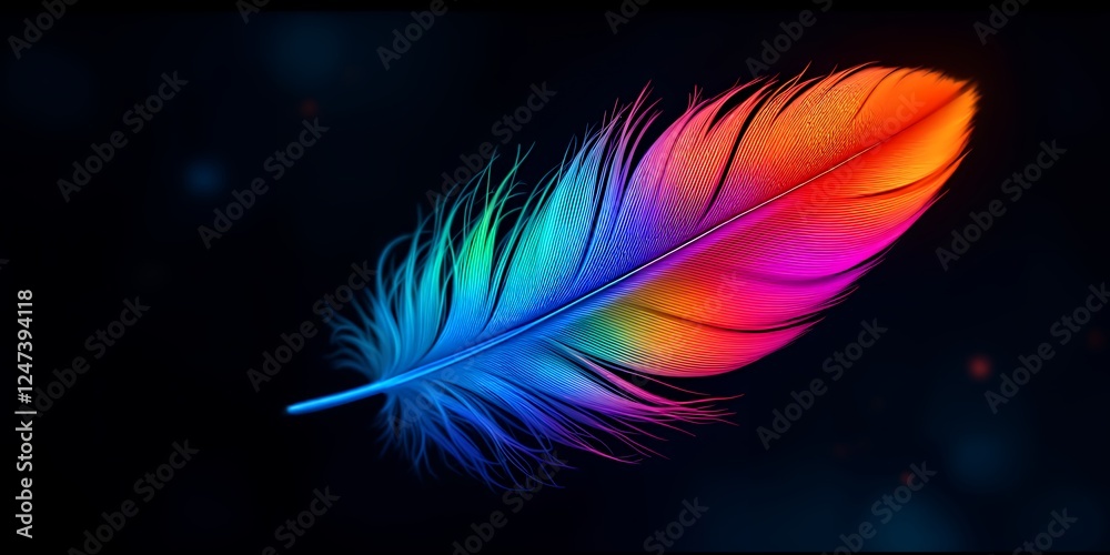 Obraz premium Vibrant Colorful Feather With Vivid Hues Against A Dark Background Celebrating Pride Month in Honor of Diversity and Inclusion. Pride Celebration. Vibrant Rainbow Feather Design. Symbolic Feather