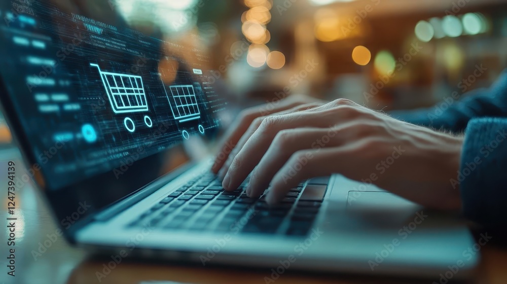 Online business, close-up of hands typing on a laptop, e-commerce dashboard visible Online business, close-up of hands typing on a laptop, e-commerce dashboard visible