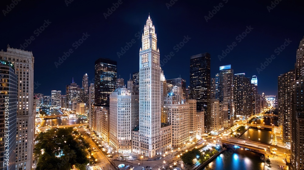 Fototapeta premium Chicago's night skyline, illuminated tower, river, city buildings, urban landscape, travel photography