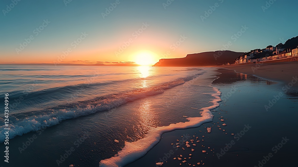 Obraz premium Sunrise beach ocean waves coastal town