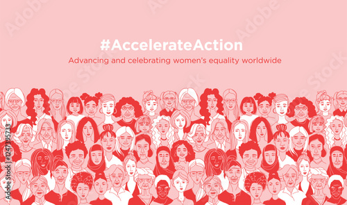 Diverse Women Illustration for International Women's Day Campaign #AccelerateAction. Empowering Women's Portraits: Celebrate Gender Equality with Bold Art. Colorful hand drawn vector Illustration