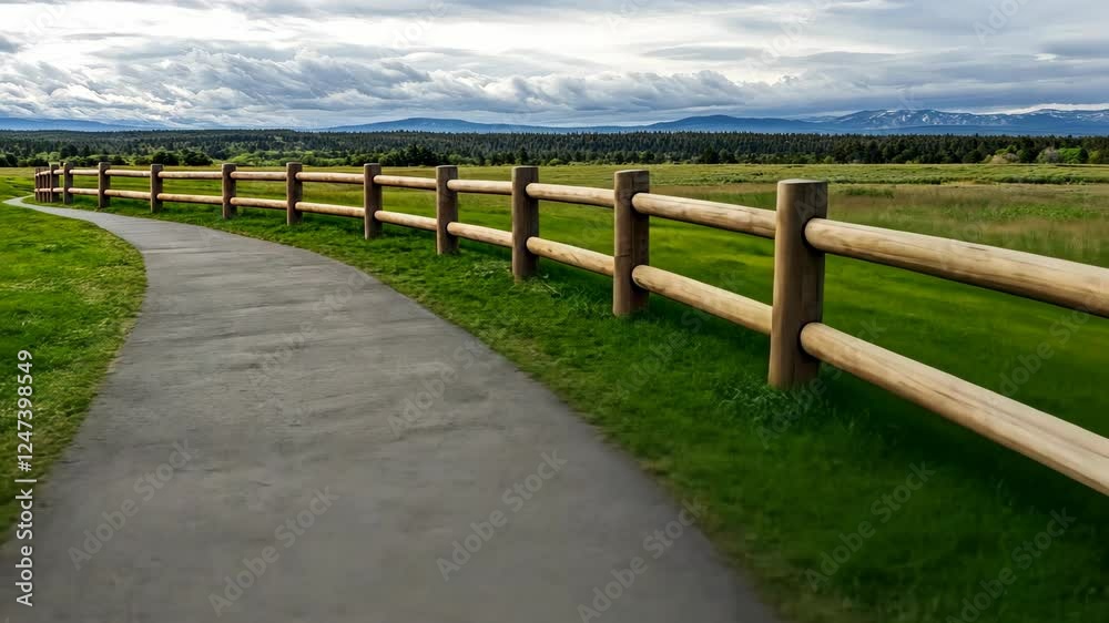 Explore a tranquil walking path lined with wooden fences, leading through vibrant greenery with majestic mountains ahead Explore a tranquil walking path lined with wooden fences, leading through vibrant greenery with majestic mountains ahead