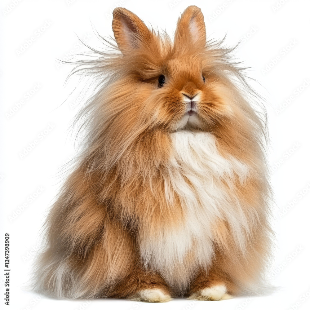 Fluffy, ginger-and-white rabbit with prominent ears, sits upright against a stark white background. Fluffy, ginger-and-white rabbit with prominent ears, sits upright against a stark white background.