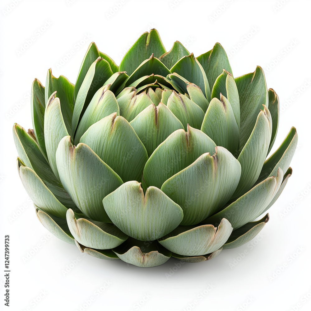 Close-up of a fresh, green artichoke with layered petals, set against a clean white background. Close-up of a fresh, green artichoke with layered petals, set against a clean white background.