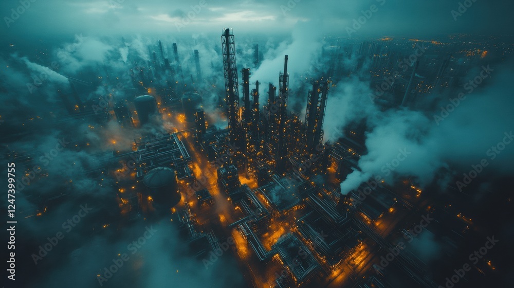 Fototapeta premium Aerial View of an Industrial Cityscape at Night with Smoke and Glowing Lights