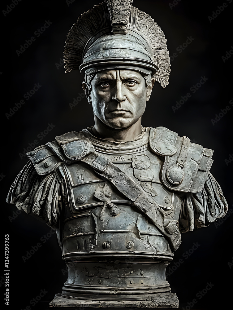 Naklejka premium Ancient Roman Warrior Bust Sculpture: A Tribute to Strength, Masculinity, and Craftsmanship in Historical Art, Featuring Realistic Armor, Helmet, and Heroic Pose with Dramatic Lighting and Timeless