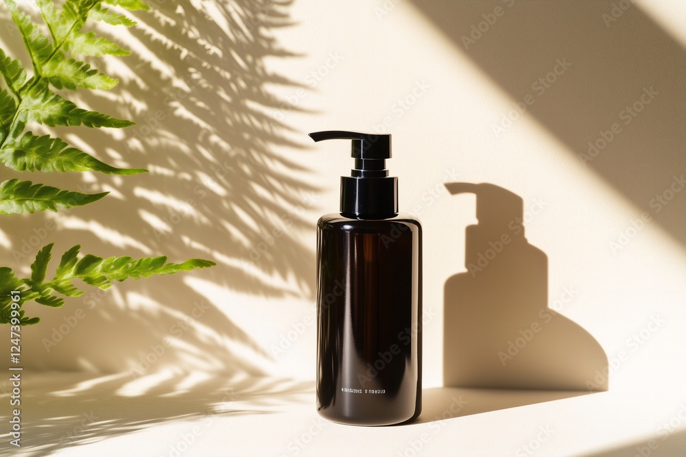 Amber Glass Pump Bottle in Sunlight Neutral backdrop with plants Amber Glass Pump Bottle in Sunlight Neutral backdrop with plants