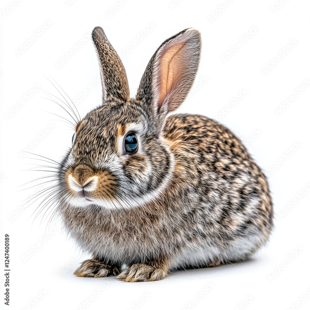 Obraz premium A cute, fluffy wild rabbit with brown fur and long whiskers sits against a bright white background.