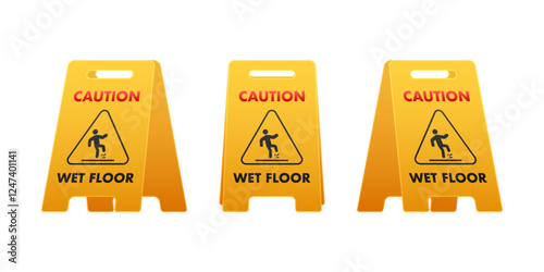 Yellow Caution Wet Floor Signs Warning about Slippery Surface