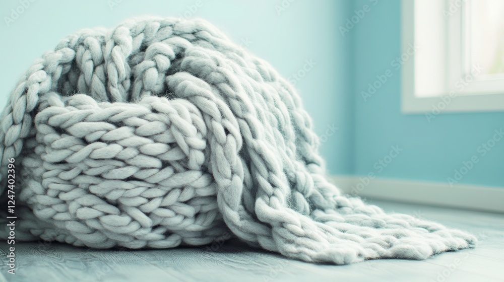 Cozy Knitted Blanket Draped Elegantly on a Wooden Floor in a Serene Blue Room Cozy Knitted Blanket Draped Elegantly on a Wooden Floor in a Serene Blue Room