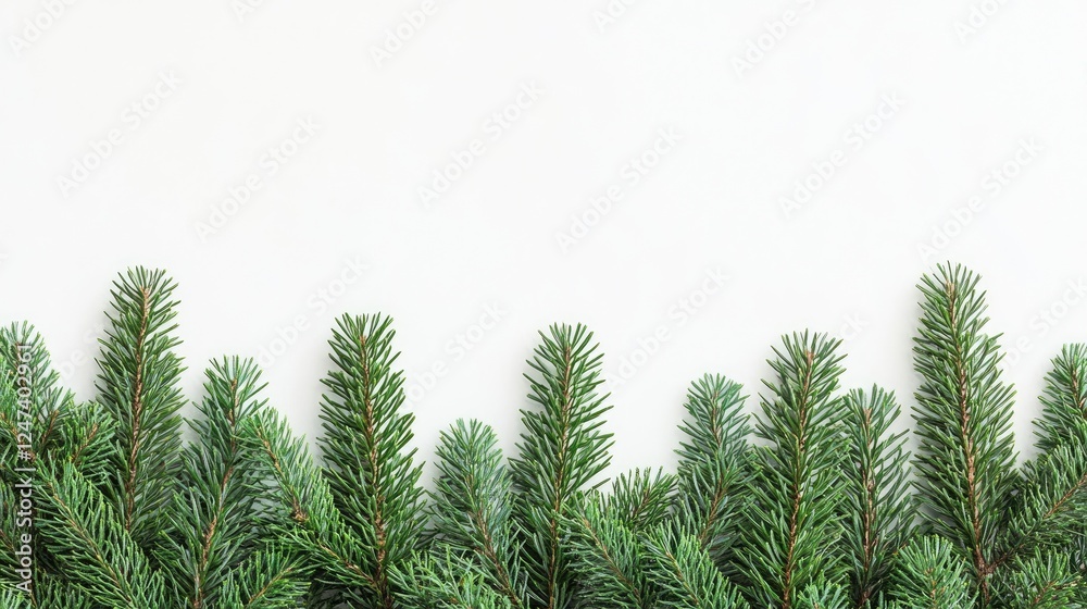 A close-up of evergreen branches against a white background. A close-up of evergreen branches against a white background.