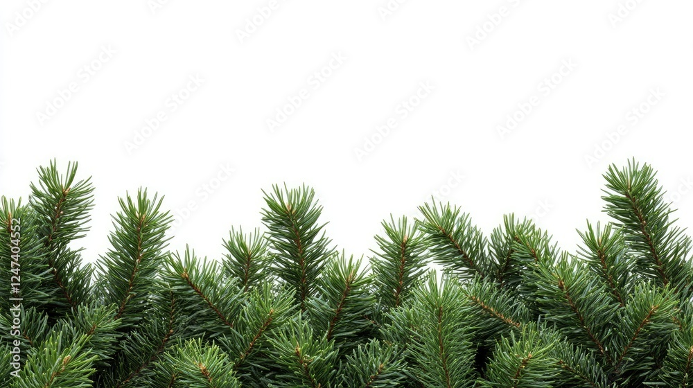 A close-up view of evergreen branches against a white background. A close-up view of evergreen branches against a white background.