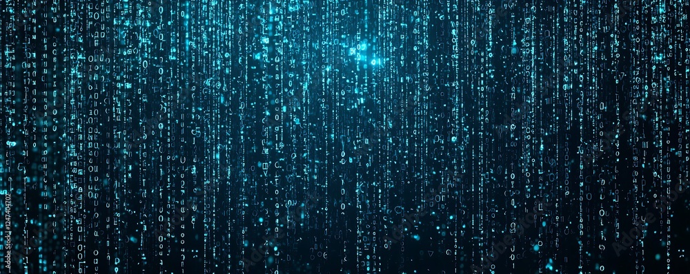 Abstract data flowing through a network nodes, with binary code and AI algorithms running, representing digital technology and the future computing Abstract data flowing through a network nodes, with binary code and AI algorithms running, representing digital technology and the future computing