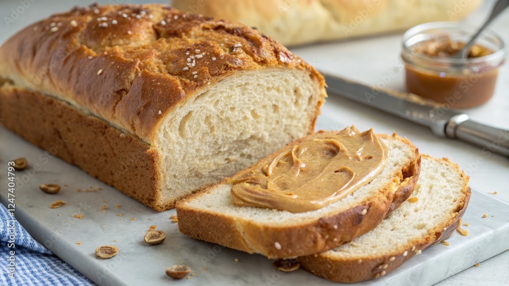 Freshly Baked Loaf With Peanut Butter Spread and Warm Crust. Generative AI Freshly Baked Loaf With Peanut Butter Spread and Warm Crust. Generative AI
