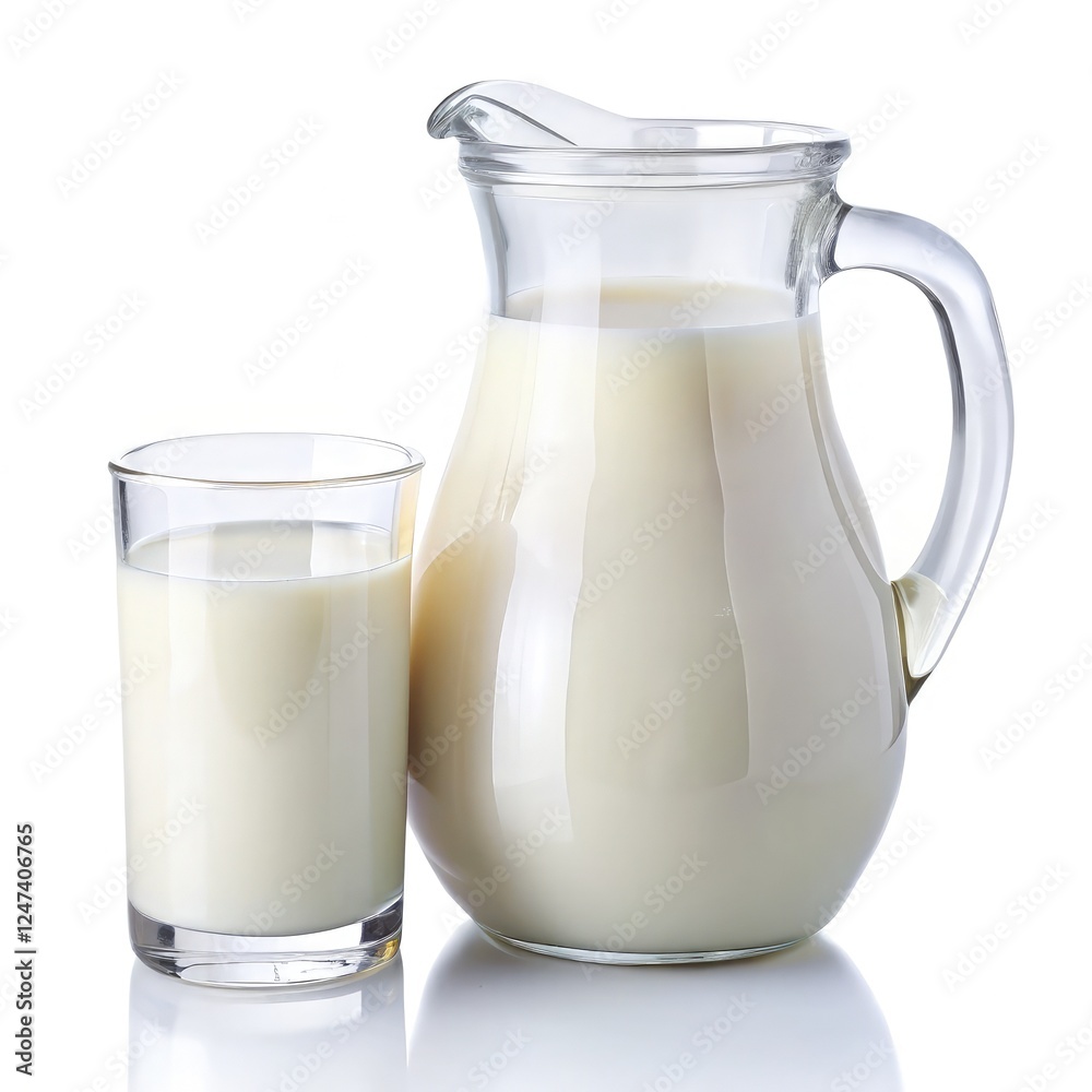 Fresh Milk Jug and Glass Against a White Background. Generative AI Fresh Milk Jug and Glass Against a White Background. Generative AI