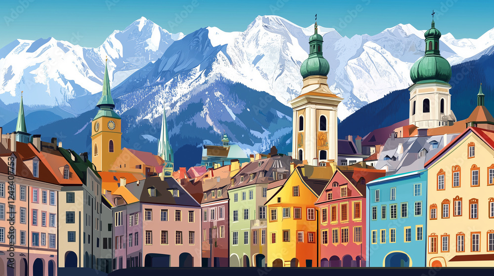 Naklejka premium illustration, Cityscape of Innsbruck in Austria , touristic advertisement poster. Innbruck in Tirol, Austria, the capital city of Tirol.typical buildings and church with beautiful alps, mountains