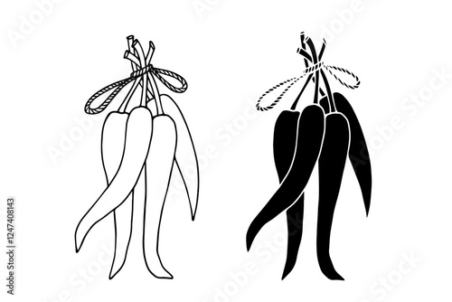 Line sketch, silhouette stamp of hot chili pepper pods. Vector graphics.