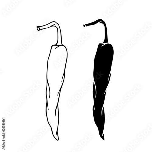 Line sketch, silhouette stamp of hot chili pepper pods. Vector graphics.