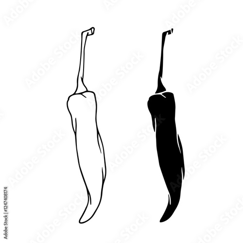Line sketch, silhouette stamp of hot chili pepper pods. Vector graphics.