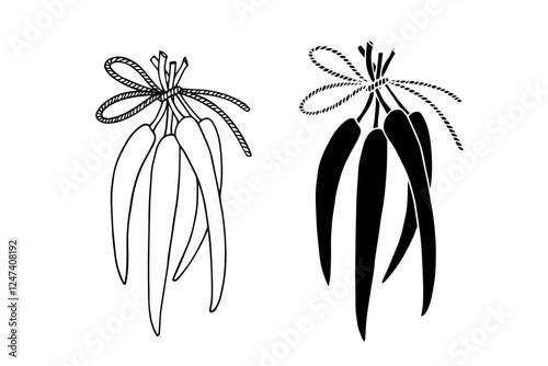 Line sketch, silhouette stamp of hot chili pepper pods. Vector graphics.