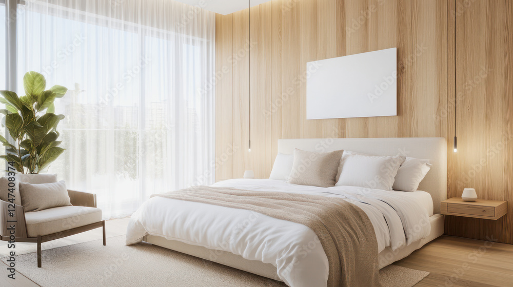 Elegant white and brown bedroom with natural light and modern decor Elegant white and brown bedroom with natural light and modern decor