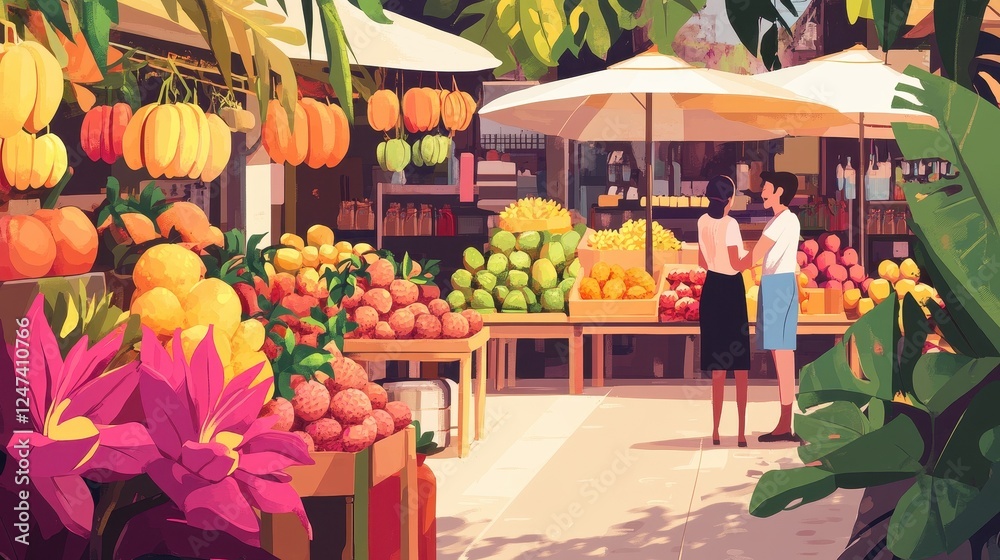 Obraz premium People browse colorful fruits at a vibrant outdoor market