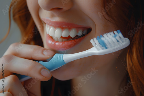 Woman brushing teeth, close up photo