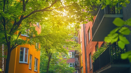 Sunlight Filtering Through Lush Green Trees in a Vibrant Urban Residential Neighborhood