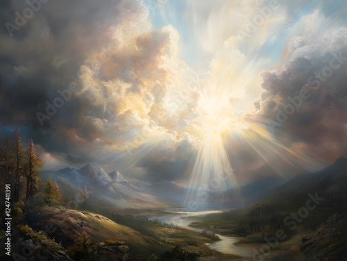 The sunlight glistens through the clouds, creating a ray of hope and symbolizing the presence of a higher power.