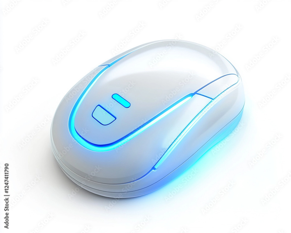 Sleek futuristic computer mouse featuring smooth ergonomic design and glowing blue LED lights, advanced technology concept Sleek futuristic computer mouse featuring smooth ergonomic design and glowing blue LED lights, advanced technology concept
