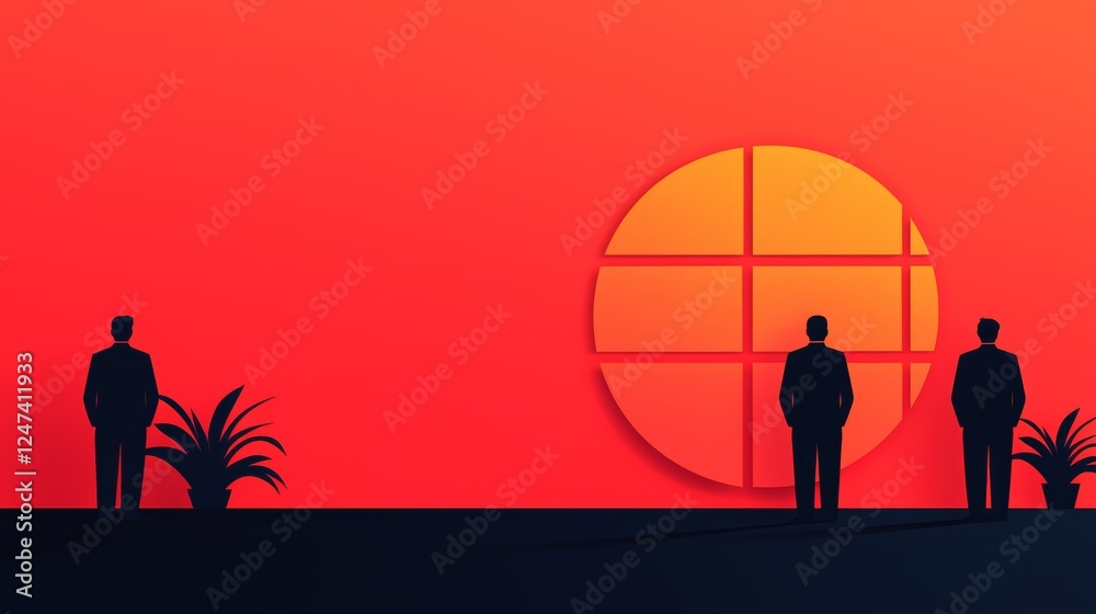 Fototapeta premium Silhouetted Executives Against Vibrant Sunset Background with Modern Design Elements