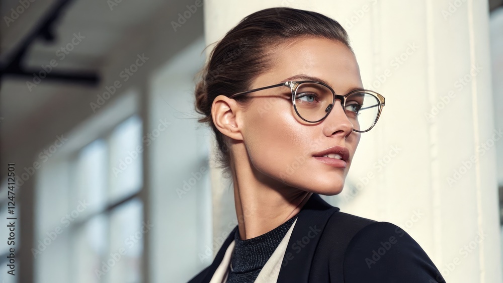 Model With Glasses Poses Elegantly in a Modern Setting. Generative AI Model With Glasses Poses Elegantly in a Modern Setting. Generative AI