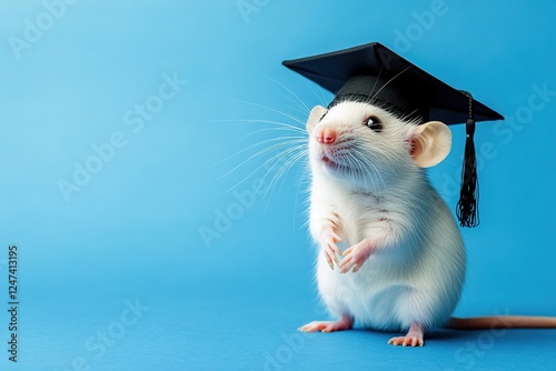 Wallpaper Mural cute white rat wearing a black graduation cap on blue background with copy space Torontodigital.ca