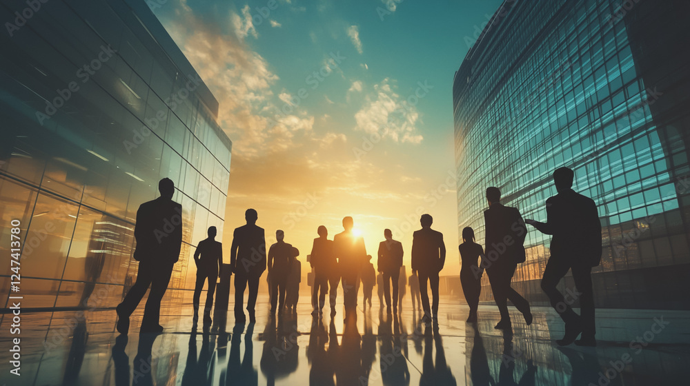 Fototapeta premium Group of business people silhouettes in modern office building and business network concept. Human resources with pastel innovation charts and graphs with statistics to analyze business
