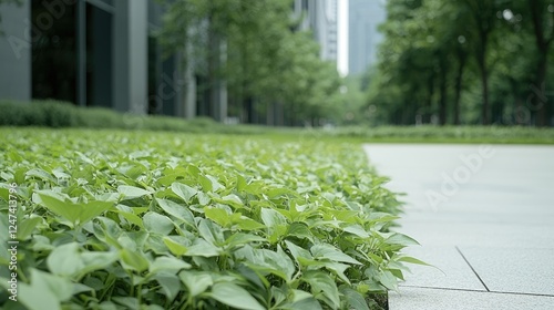 Lush green plants beside city pathway