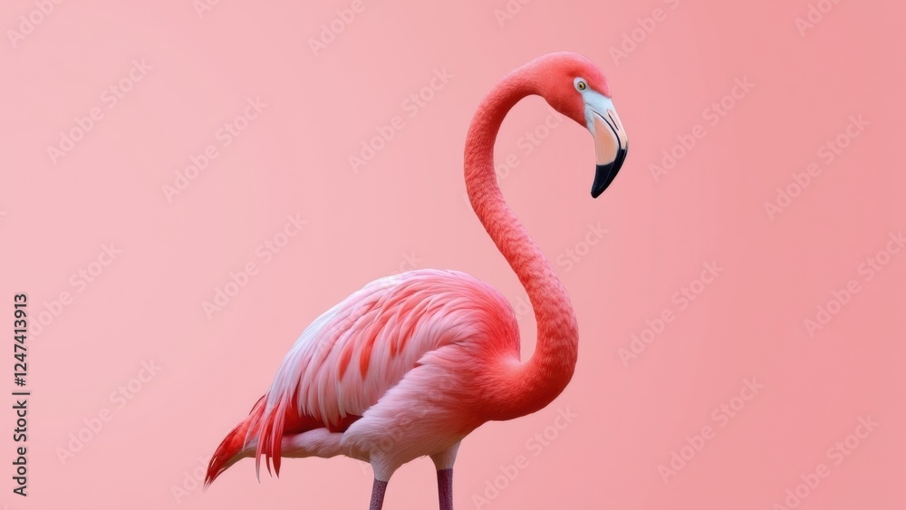 Obraz premium Flamingo Standing Gracefully Against a Soft Pink Background, Gazing Directly at the Camera. Concept of Decorative Art, Wildlife Photography, Nature Exhibits