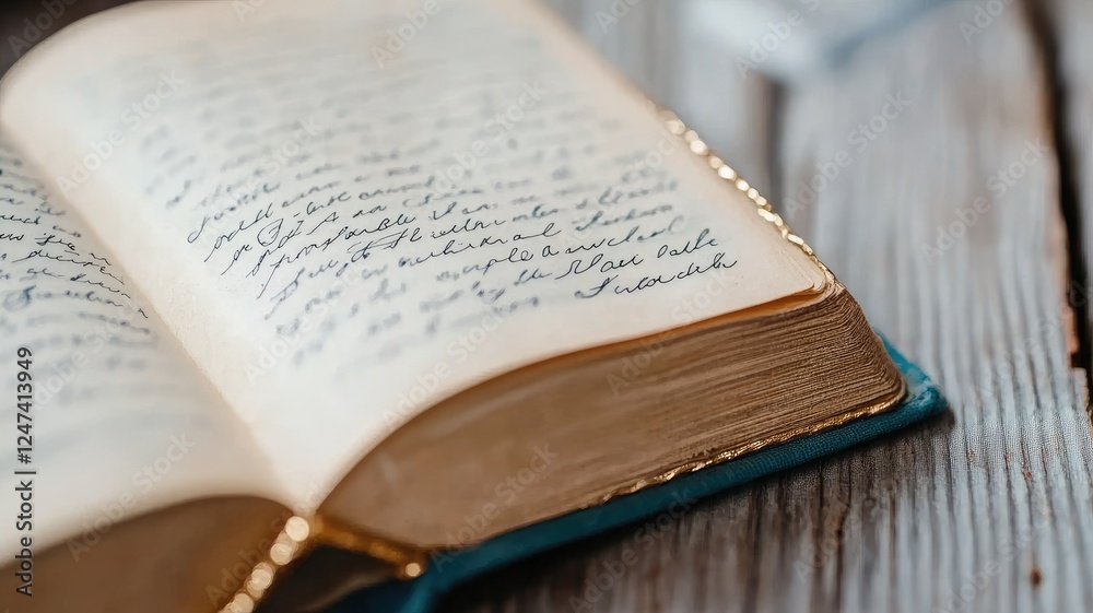 Fototapeta premium Open book displaying handwritten text on wooden table