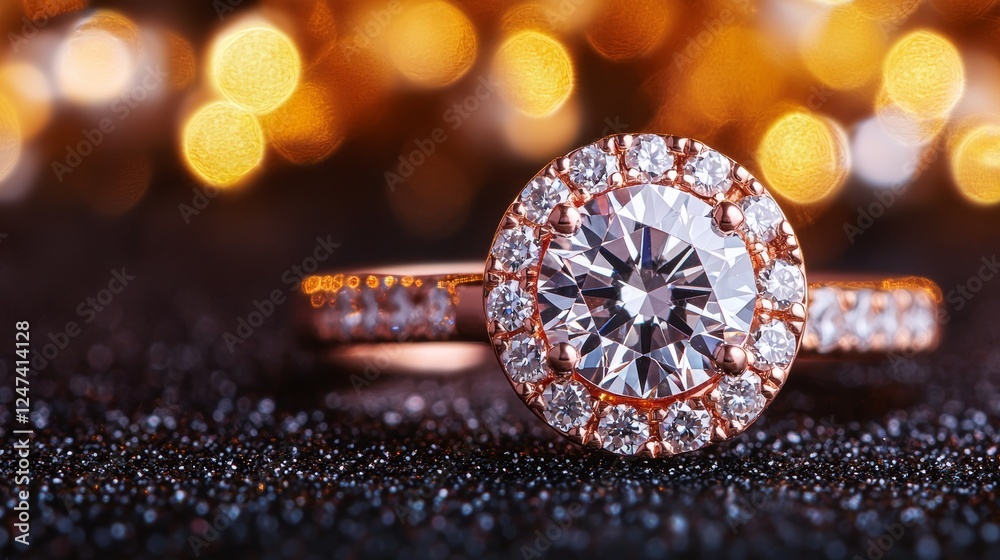 Fototapeta premium Stunning Diamond Ring with Rose Gold Setting against a Glittering Background