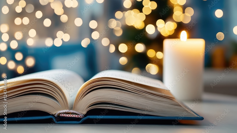 Open book with lit candle and festive bokeh lights Open book with lit candle and festive bokeh lights