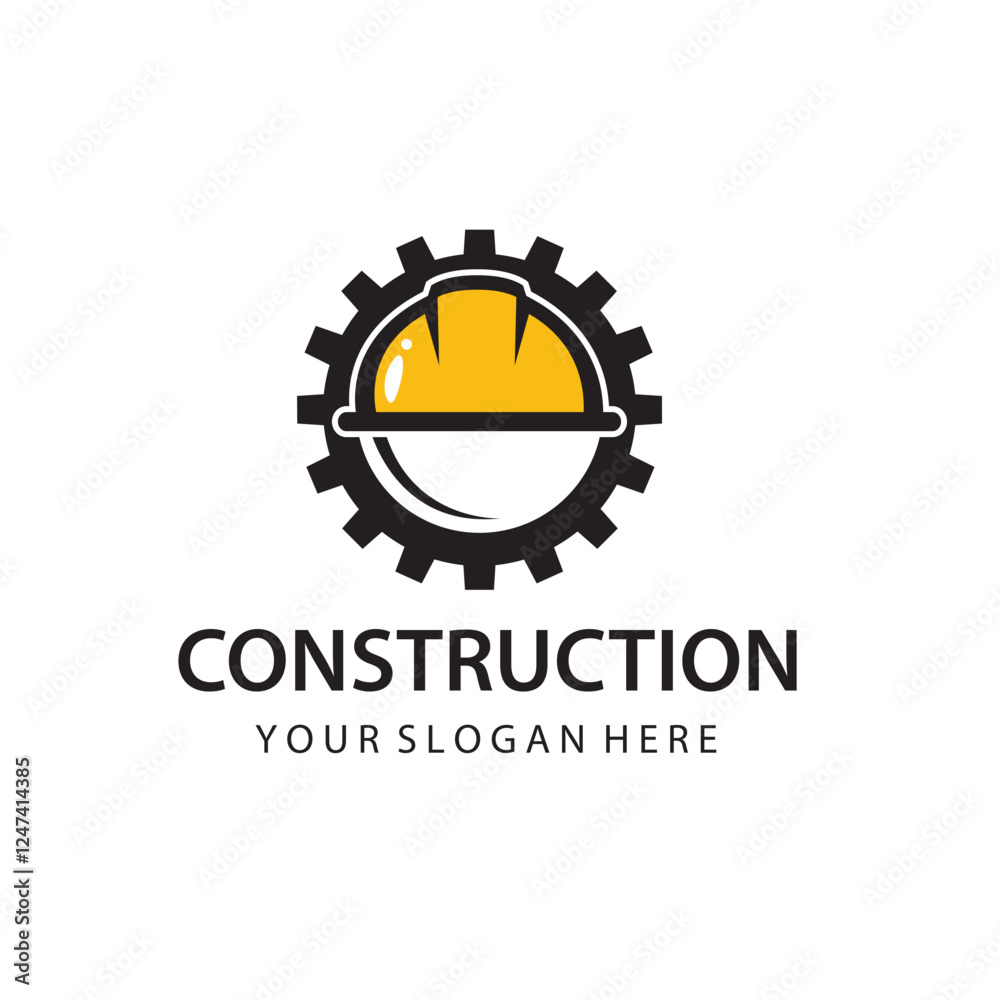 Fototapeta premium construction icon with helmet and gear isolated on white background