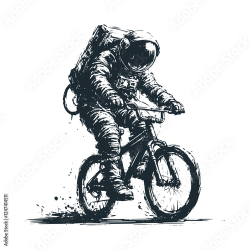 Astronaut Riding BMX Bike – Black White Vector Illustration