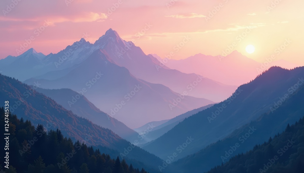 Obraz premium Misty mountain peaks, soft sunrise hues, pale sky gradient, tranquil, sky