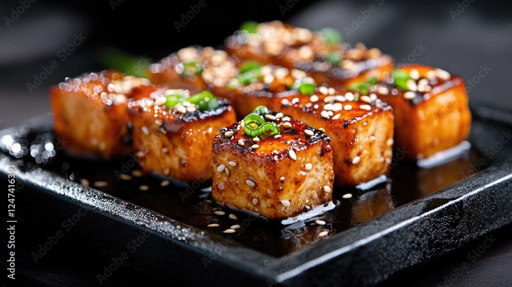 Glazed tofu garnished with sesame seeds and scallions on black plate Glazed tofu garnished with sesame seeds and scallions on black plate