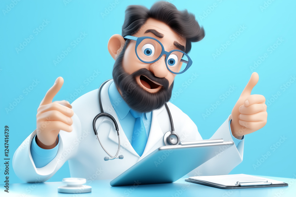 Friendly cartoon doctor explaining with a happy expression Friendly cartoon doctor explaining with a happy expression