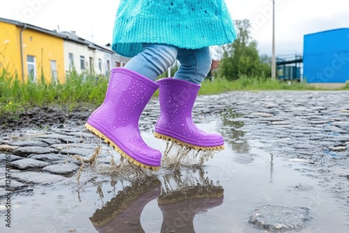 Girl wearing purple rain boots jumping into a puddle on the street