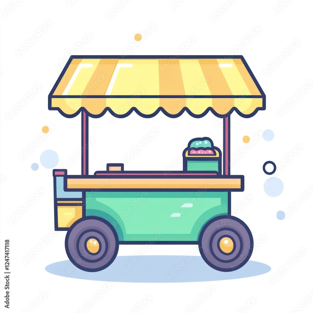 Naklejka premium Cartoon food cart with goods, simple vector illustration for market or mobile business