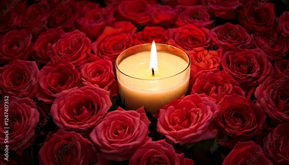 Fototapeta premium Candle, flickering, bed, roses, soft, delicate, fragrance, wax, warmth, petals, glow, romantic, serene, intimate, atmosphere, gentle, flicker, beauty, love, tranquility, peaceful, red, white, night, g